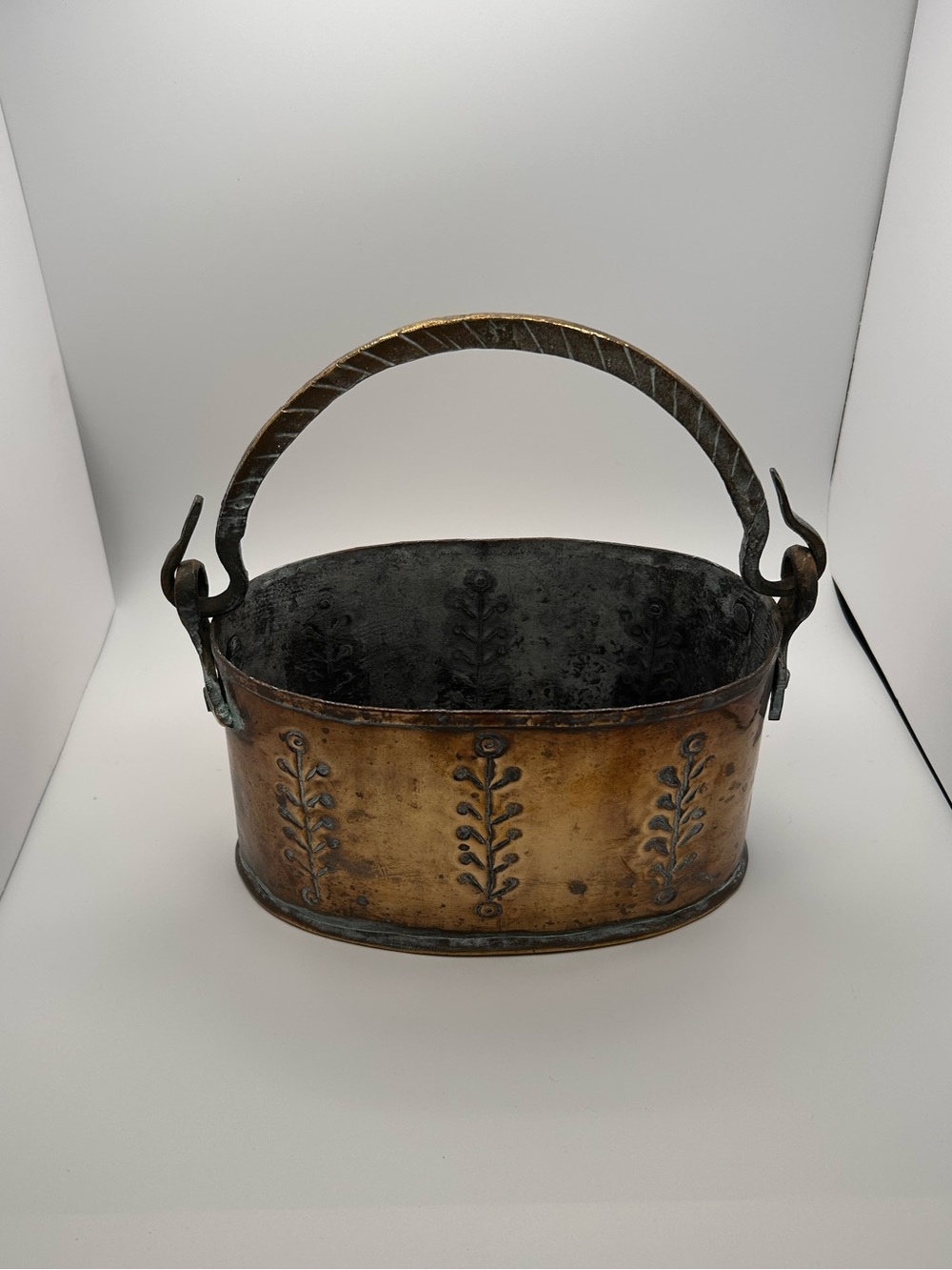 Vintage Brass Copper Handle Pot Engraved Beautiful Patina